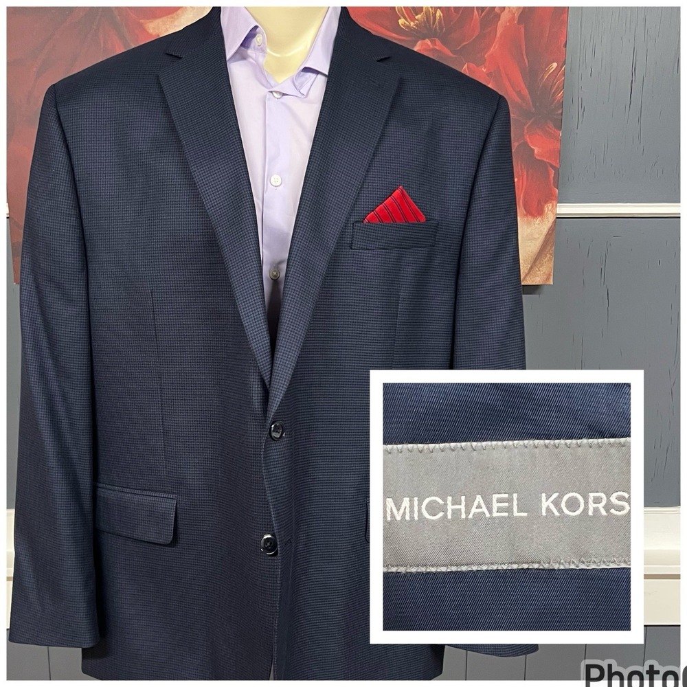 Michael Kors Blazer Jacket Sport Coat Men 50R Polyester Blend Stretch Navy/Brown